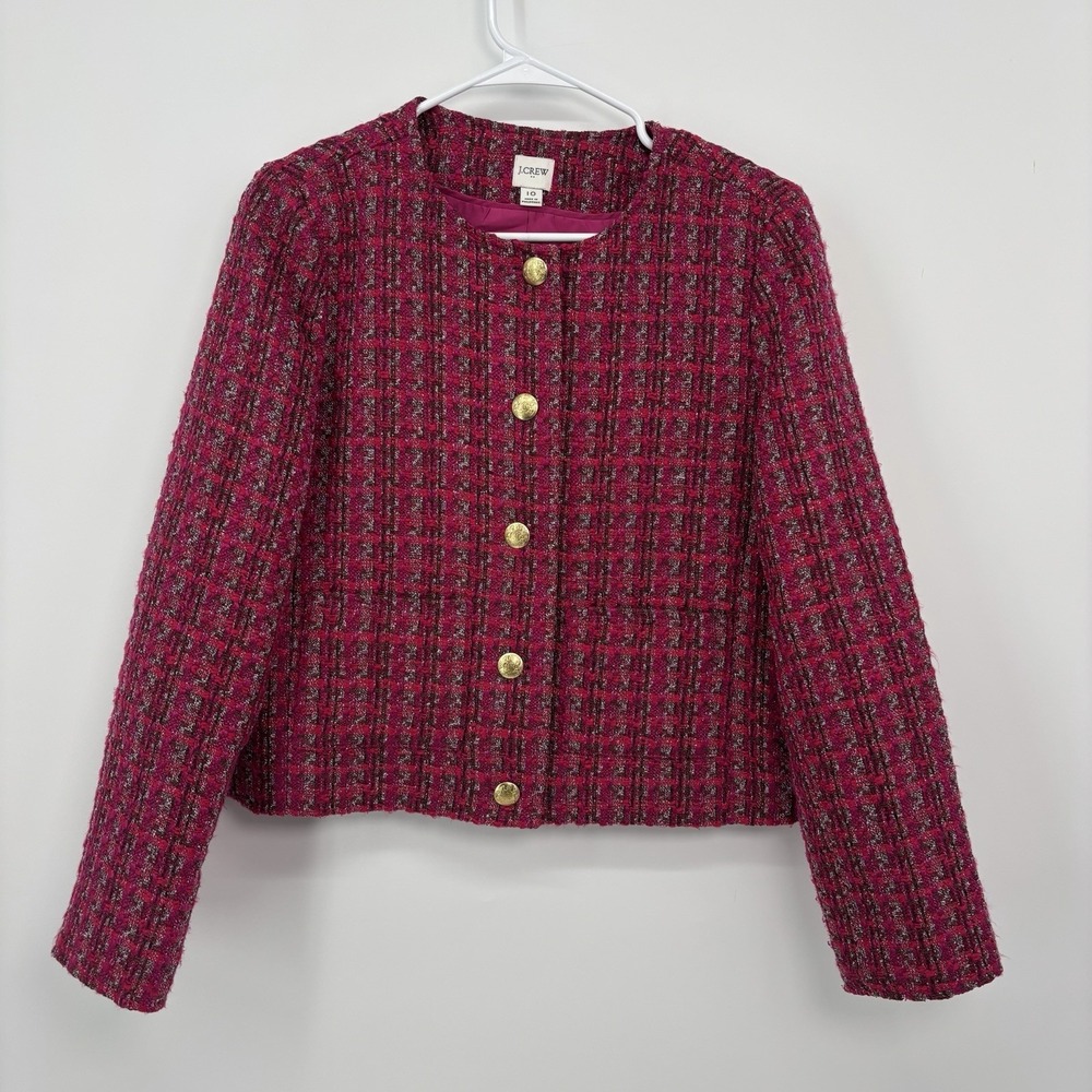 J.Crew Women's Tweed Lady Jacket Pink Size 10 Blazer BS926 Gold Buttons